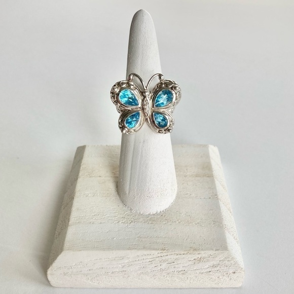 NEW Swiss Blue Topaz & Diamond Sterling Silver 925 Stamped Butterfly Ring Size 6 - Picture 7 of 12
